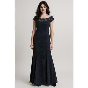 VTG Monique Lhuillier Whimsigoth Navy Lace Gown Gothic Elegance Size 6